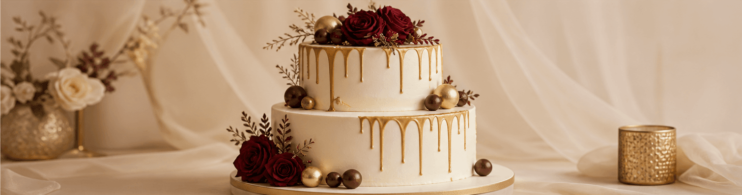 Two-tier white celebration cake with burgundy roses and a gold drip
